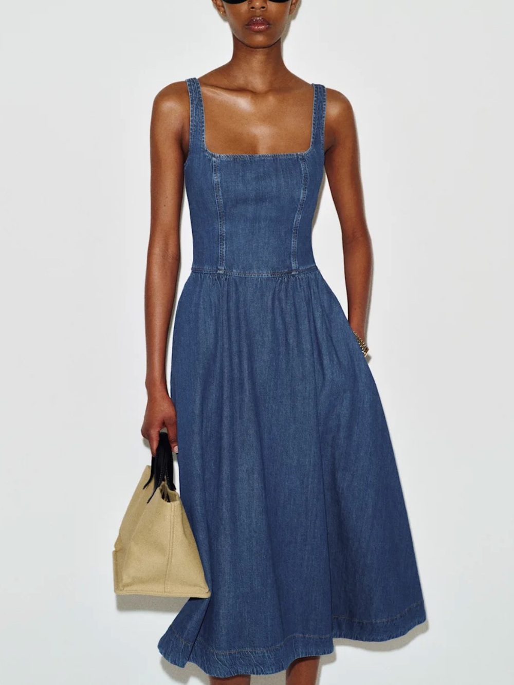 Reformation Indigo Denim Square-Neck Midi Dress